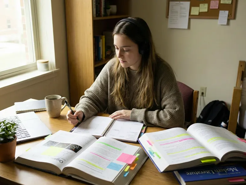 Eleve de lycee travaillant ses cours avec methode